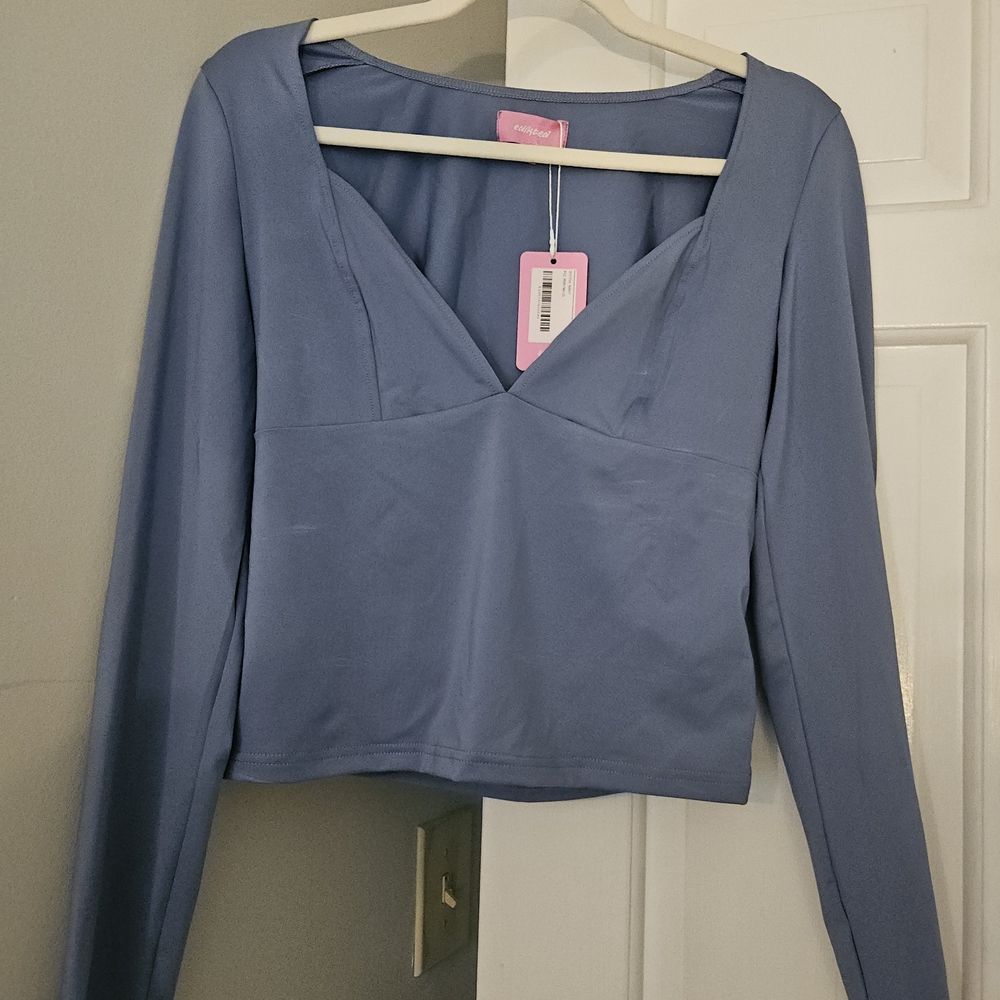 Seafolly Long Sleeve V-Neck Crop Top in Dusty Blue